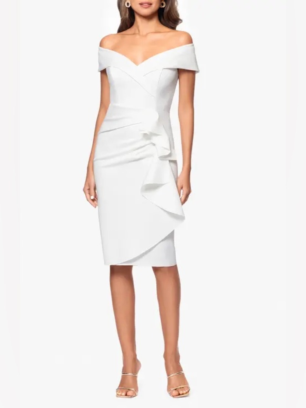 39. Xscape • NWT $228 USD White Off-Shoulder Ruffle Sheath Dress PTP 18”-21”